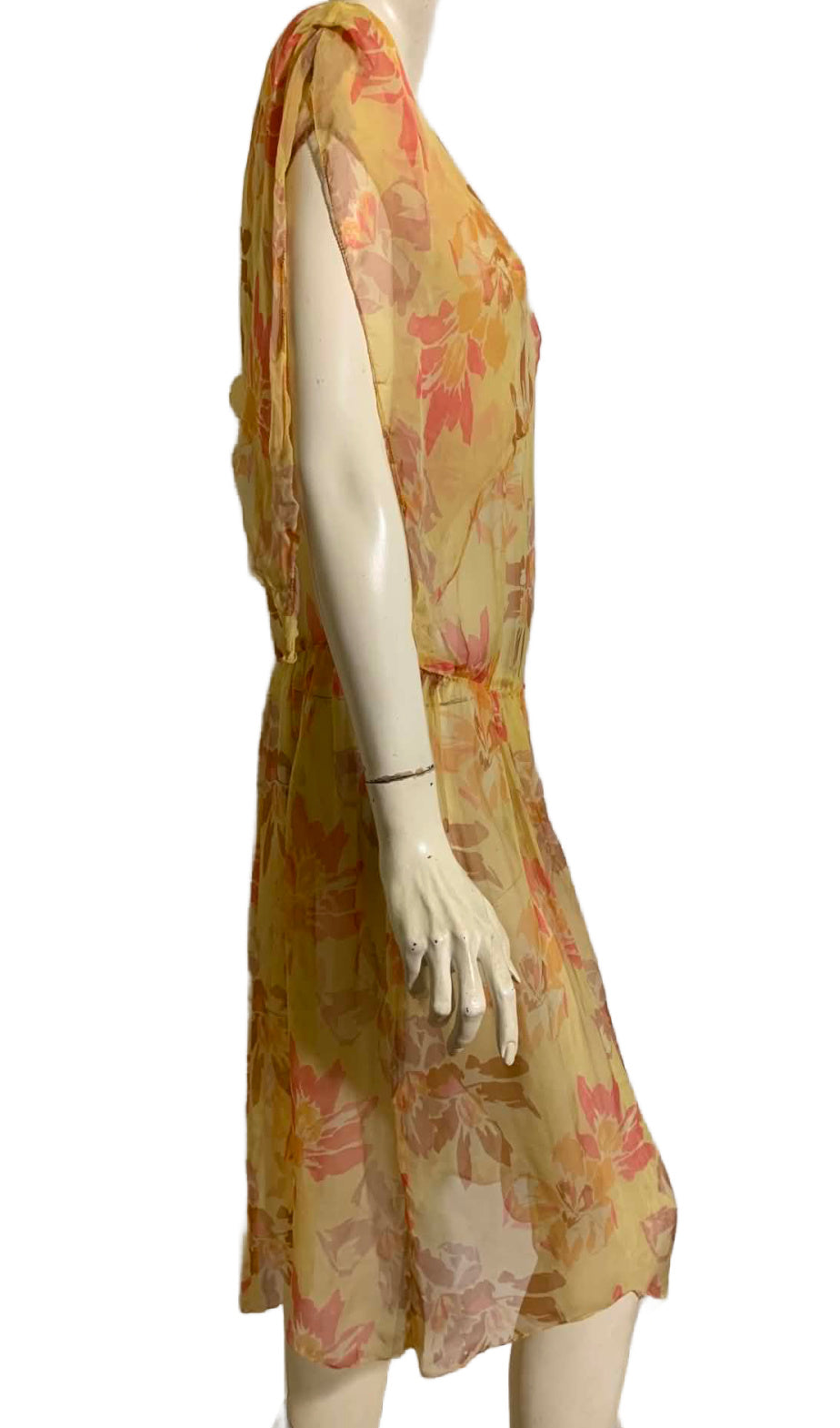 Sheer Silk Chiffon Vivid Yellow and Orange Floral Print Dress circa 1920s
