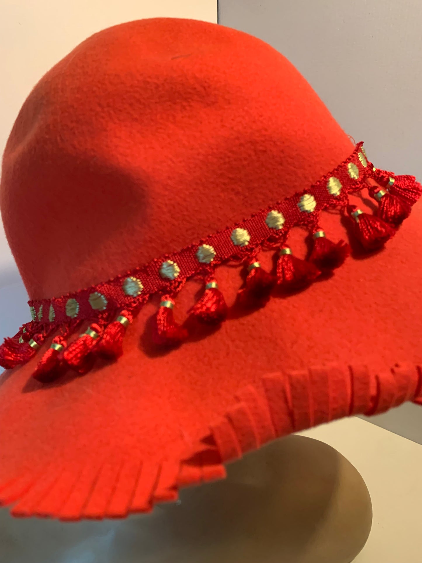 Citrus Orange Felted Wool with Fringe Edges Pom Pom Trim circa 1970s