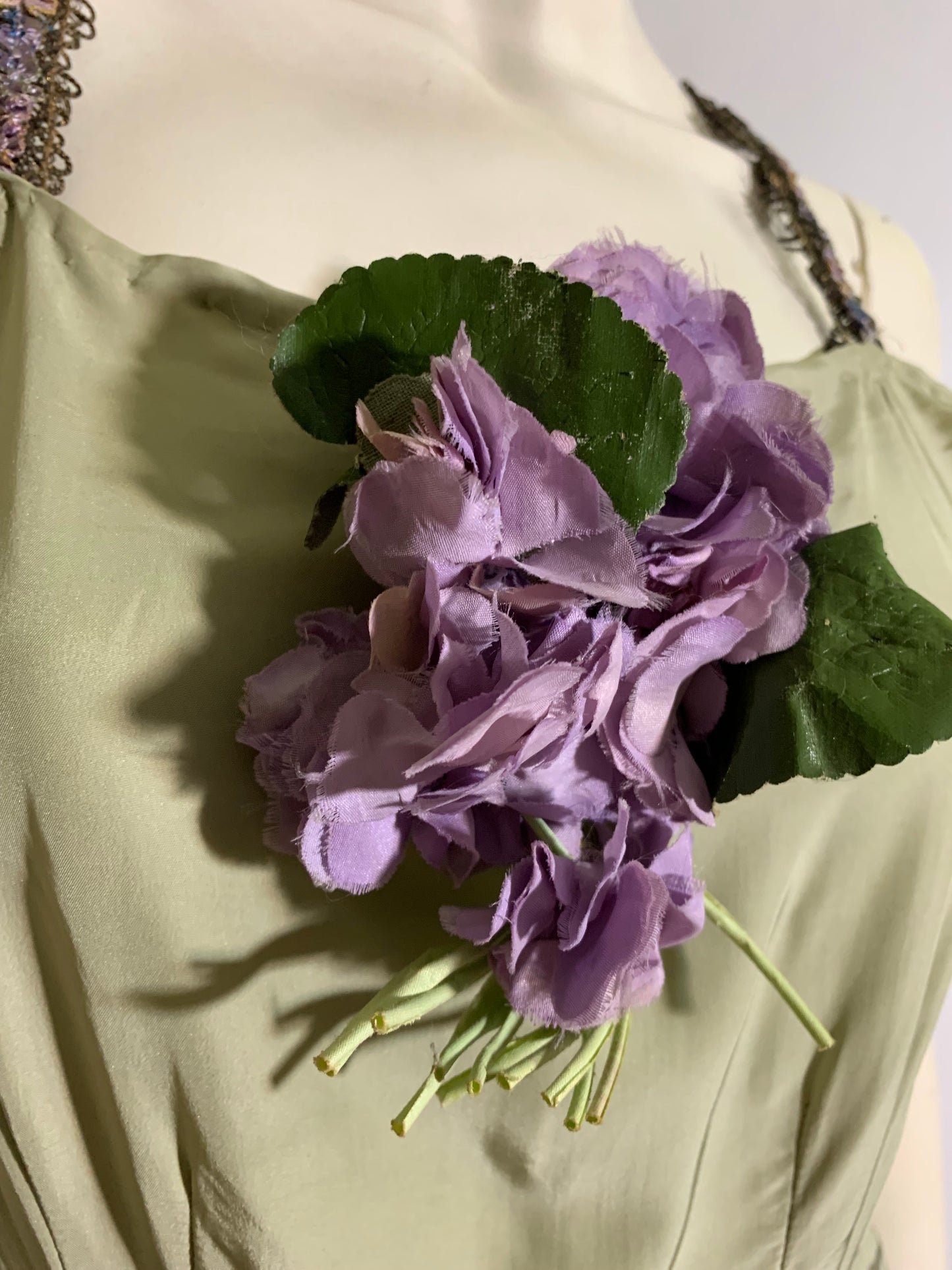 Bruise Violet Reimagined 1930s Sage Silk Dress with Violet Metallic Ribbon Straps and Flower Accent