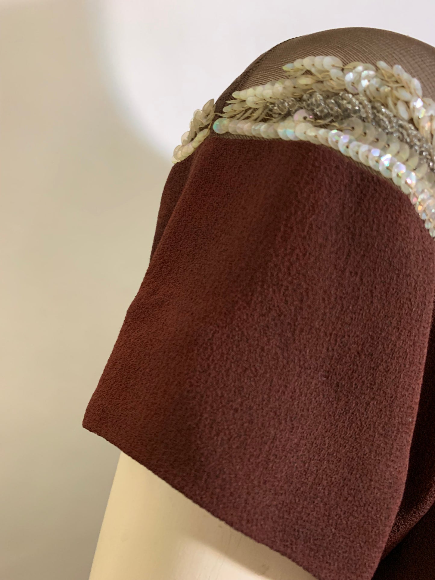 Hot Cocoa Colored Crepe Rayon Ruched Front Evening Dress with Beads and Sequins circa 1940s