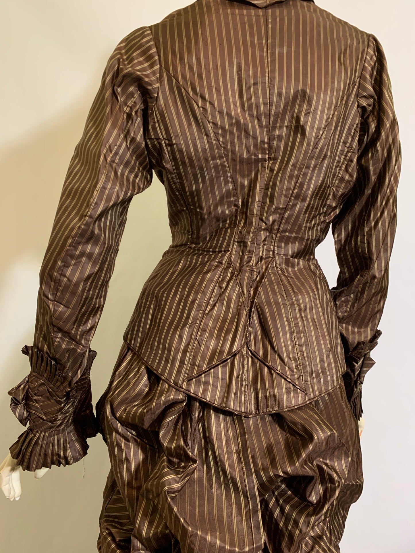 Curry and Cinnamon Pin Striped Silk 2 Piece Ruffled Bustle Back Skirt Dress with Glass Buttons circa 1880s