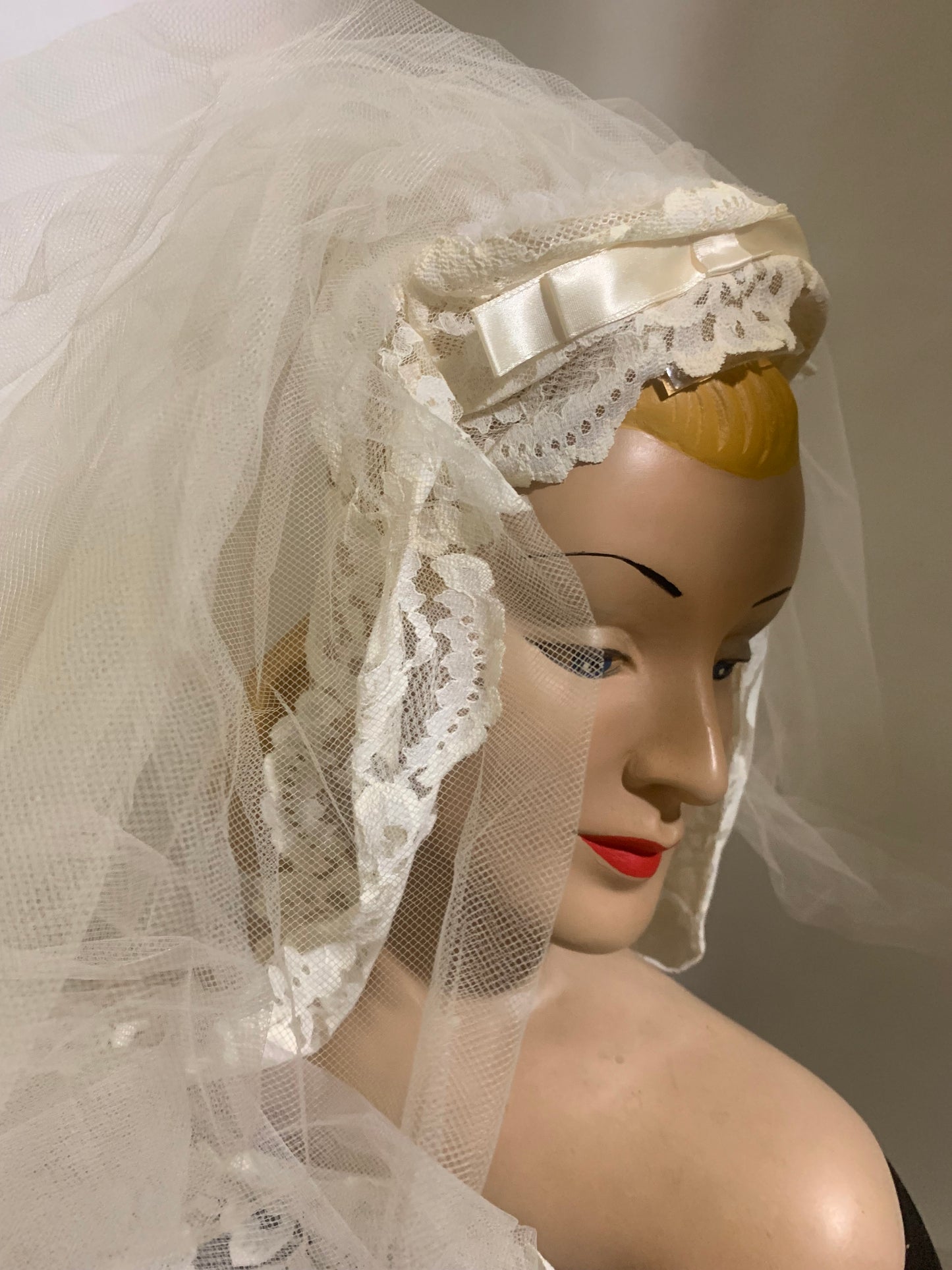 Regency Inspired Empire Waist Lace Trimmed Wedding Dress & Long Veil circa 1960s