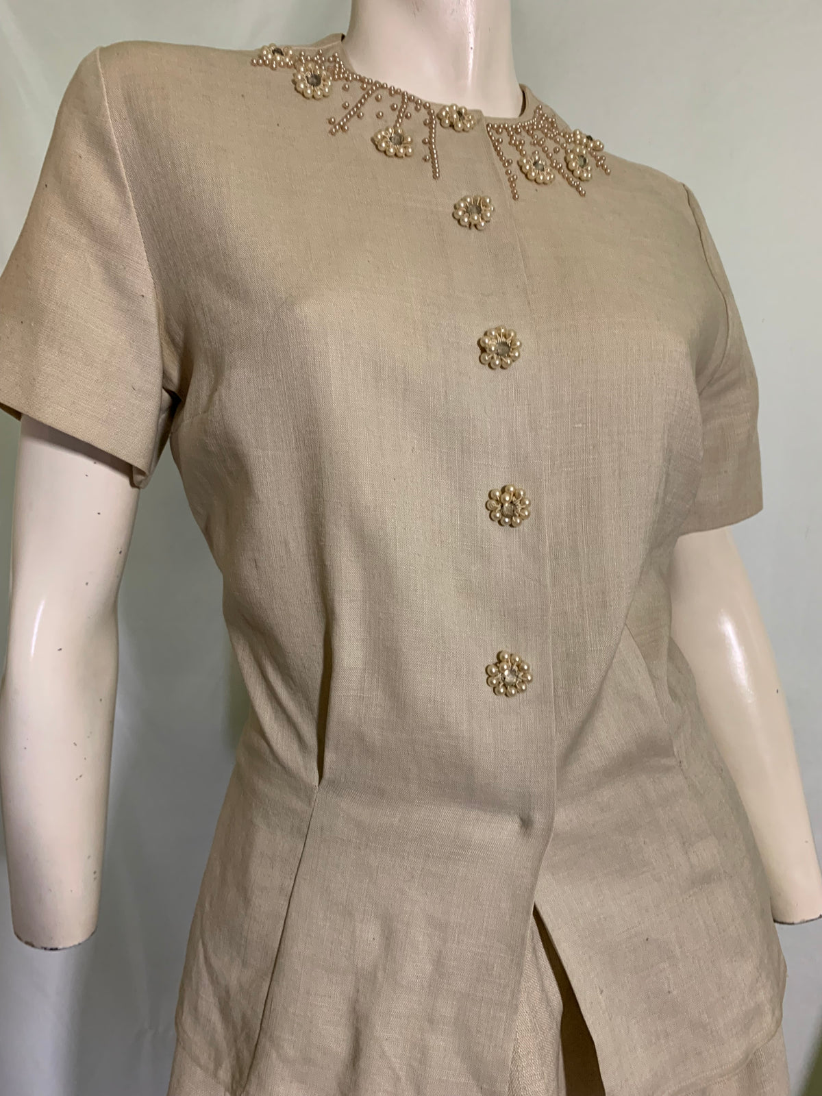 Irish Linen 2 Piece Dress Set with Beads and Rhinestones circa 1960s