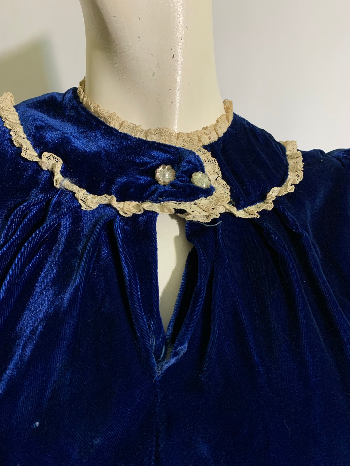 Sapphire Blue Silk Velvet Puff Sleeve Dress Glass Button & Lace Accents circa 1930s XS