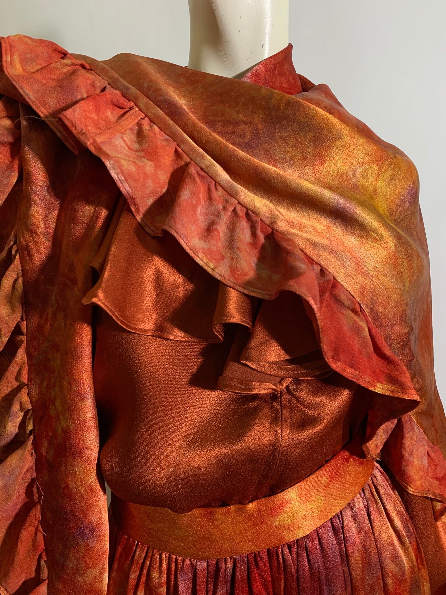 Fiery Tie Dye Peasant Style Silk Charmeuse 3 Piece Maxi Dress Set circa 1970s