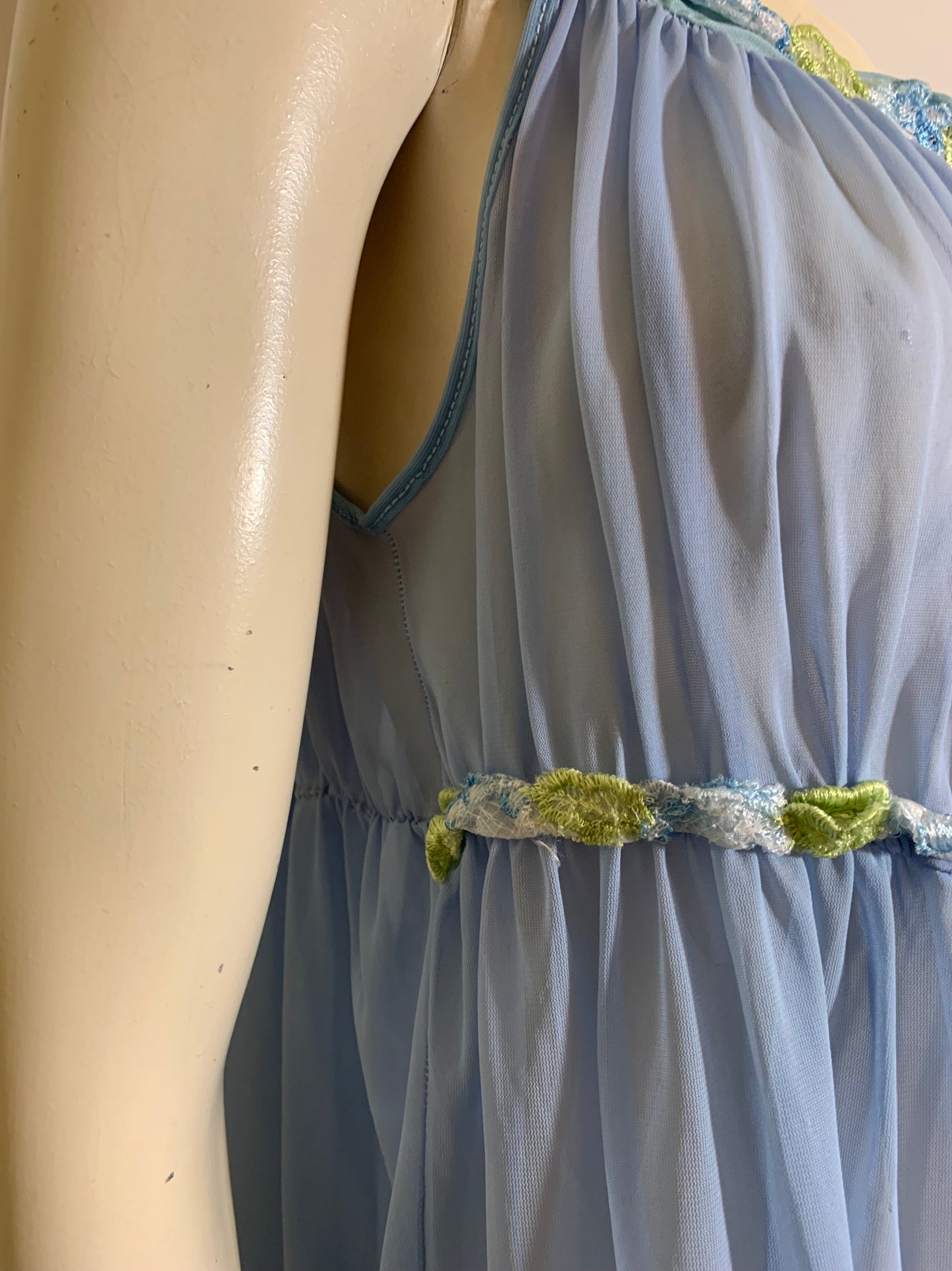 Cornflower Blue Embroidered Floral Ribbon Trimmed Sheer Nylon Nightgown circa 1960s