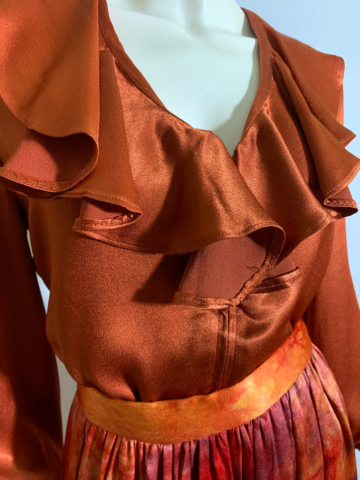 Fiery Tie Dye Peasant Style Silk Charmeuse 3 Piece Maxi Dress Set circa 1970s