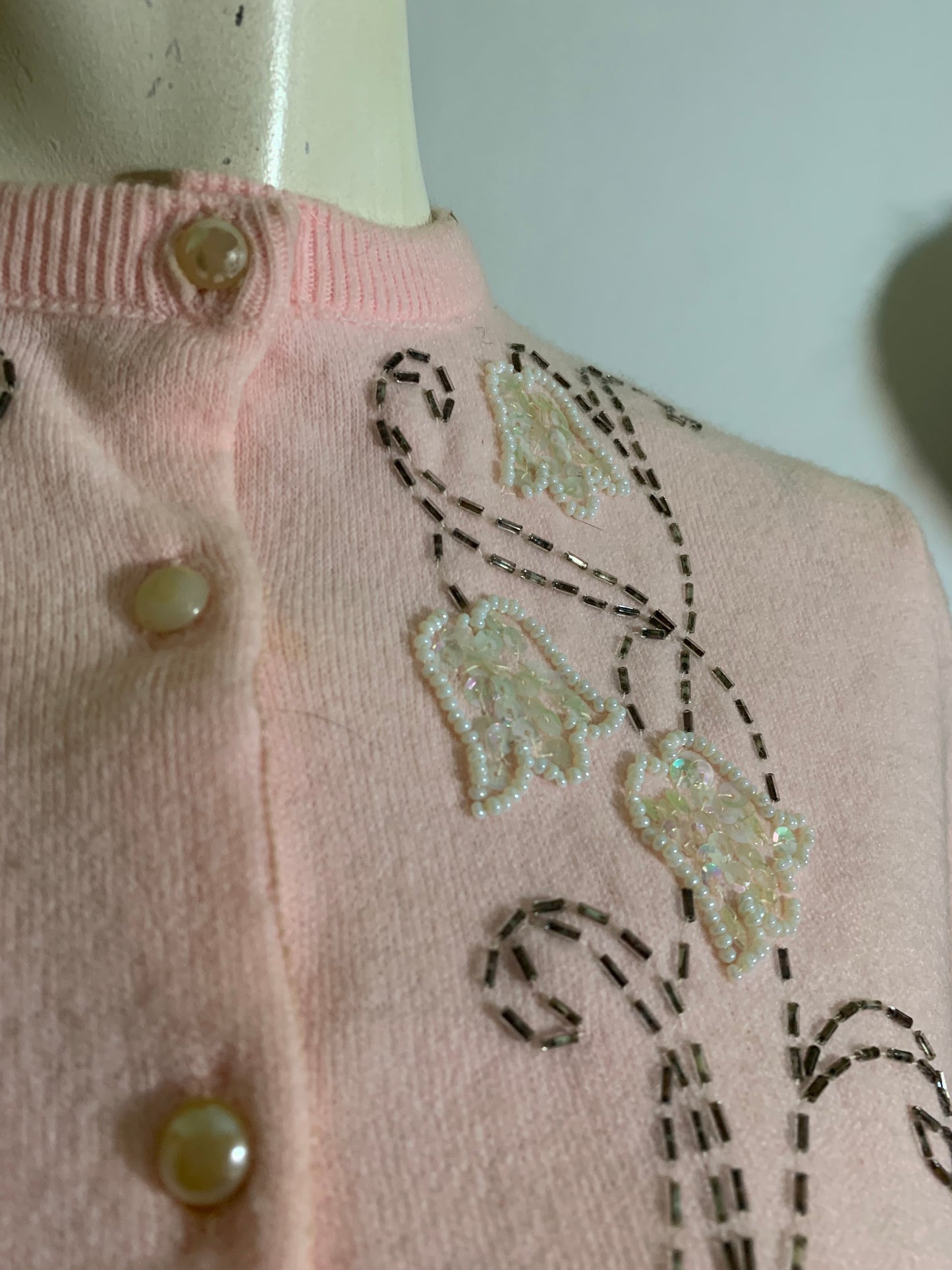 Rose Petal Pink Sequined and Beaded Button Front Cardigan Sweater circa 1960s