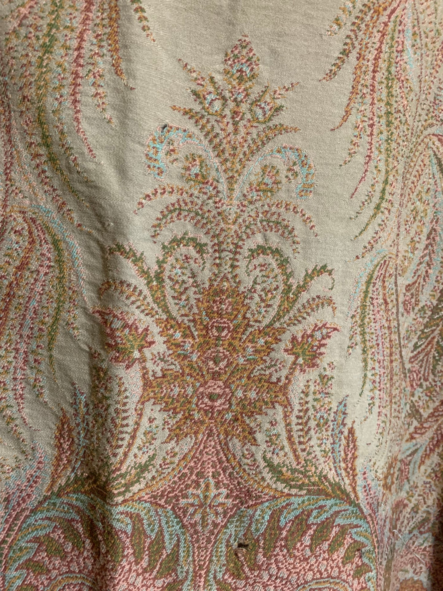 Turn of the Century Sage Green and Terra Cotta Paisley Brocade Wool Shawl circa 1900