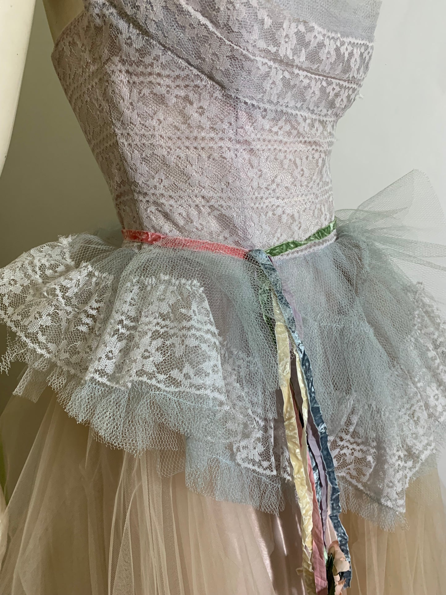 Nimue- the Reimagined Baby Blue and Pink Tulle Dress Flowers on Ribbons