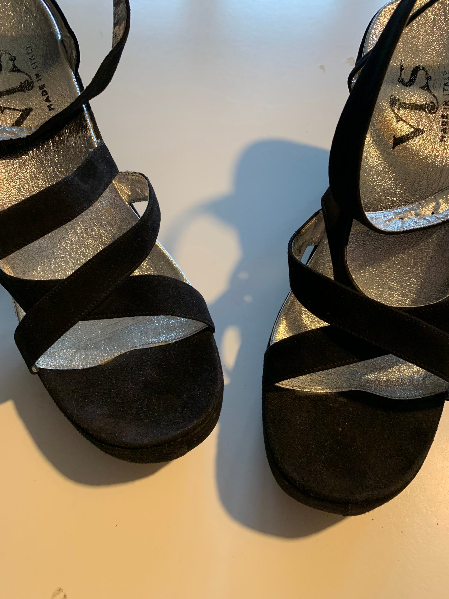 Strappy Black and Metallic Silver Ankle Wrap Suede Platform Shoes circa 1970s 9.5