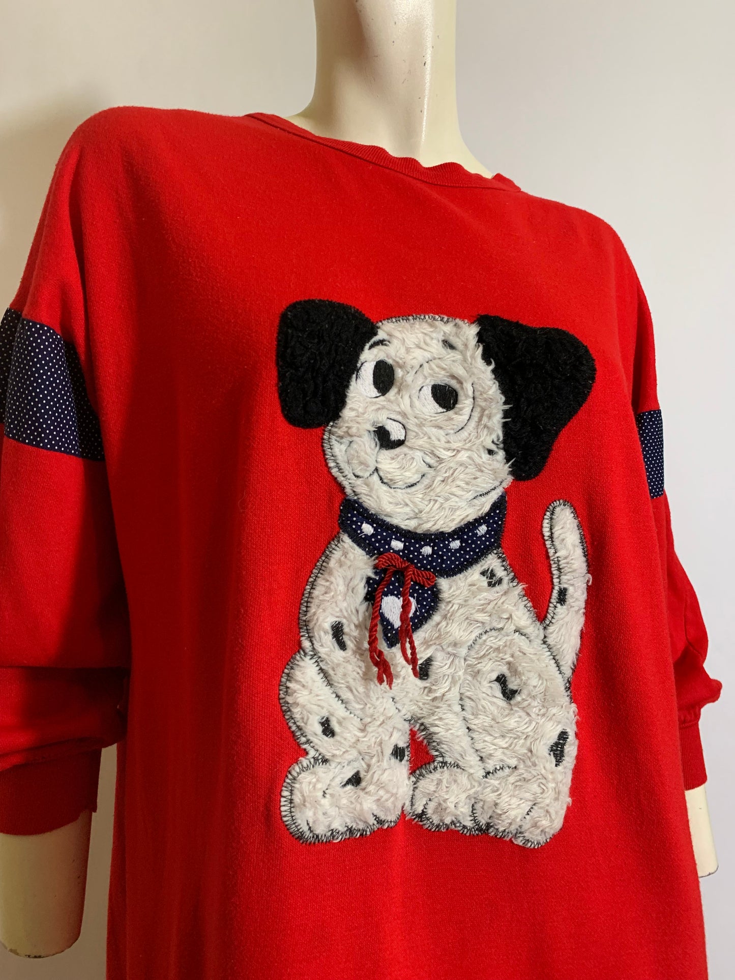 Shaggy Spotted Doggy Applique Red Sweatshirt Nightgown circa 1980s