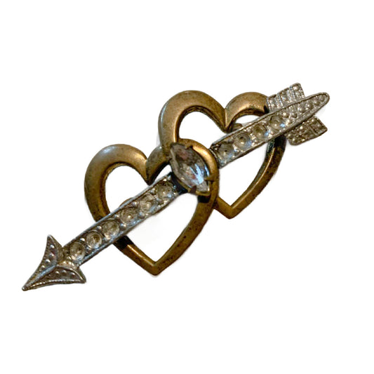 Two Hearts Gold and Silver Tone and Rhinestone Brooch circa 1940s