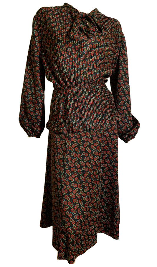 Pleated Blouson Top and Skirt 2 pc Dress circa 1970s