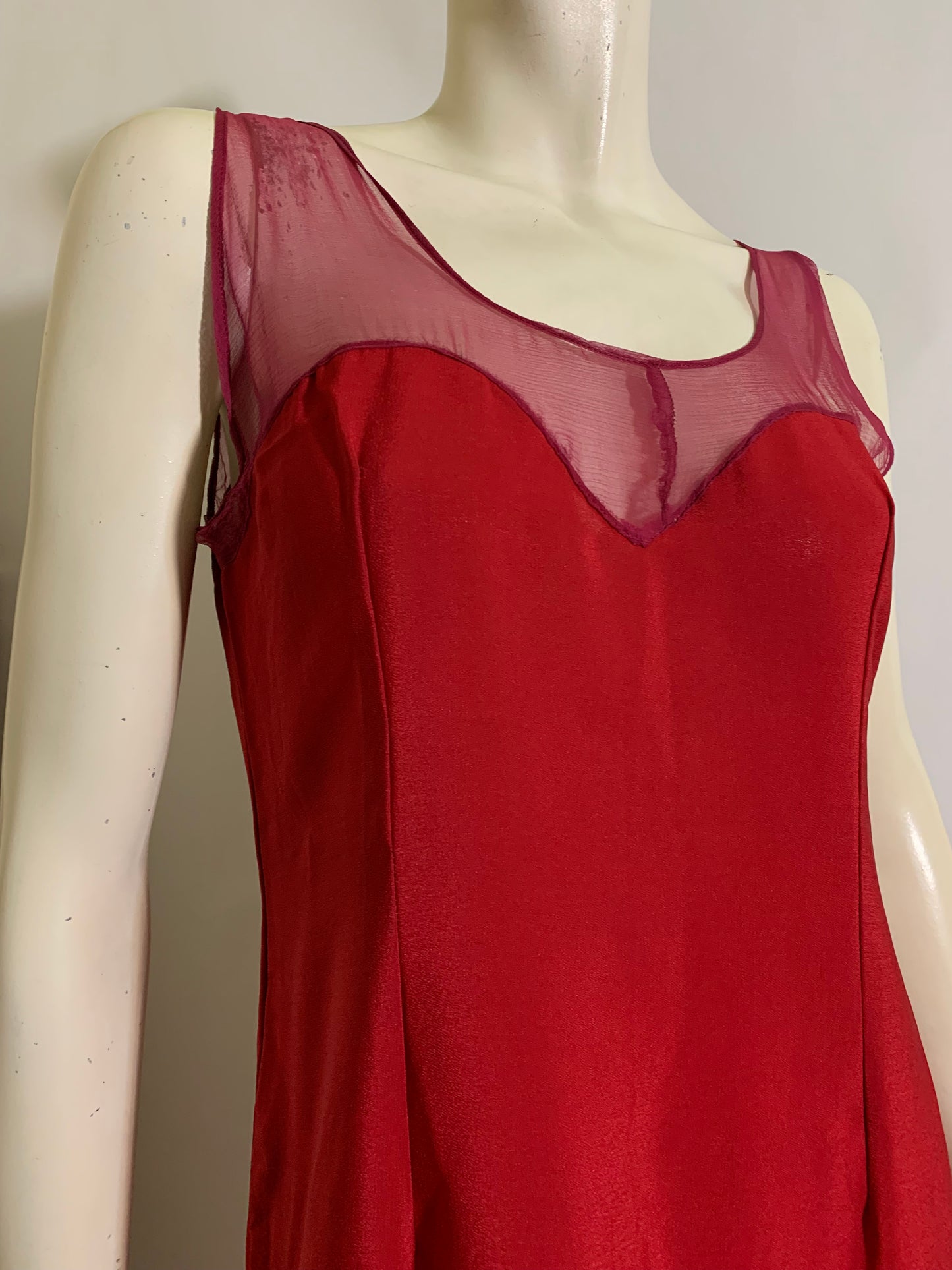 Rose Red Silk Slip Dress with Chiffon Neckline and Hem circa 1920s