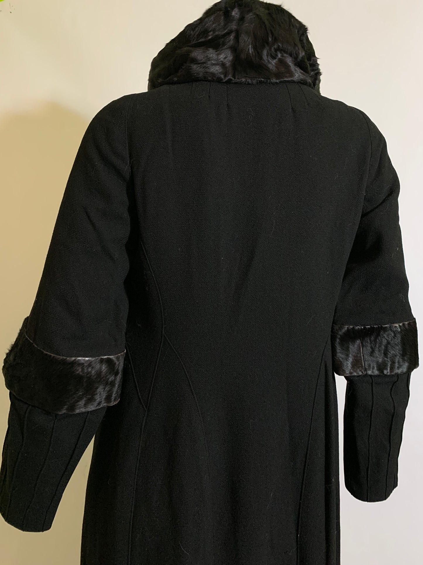 Glamorous Black Silk Coat with Sculpted Black Fur Stand Up Collar and Trim circa 1920s