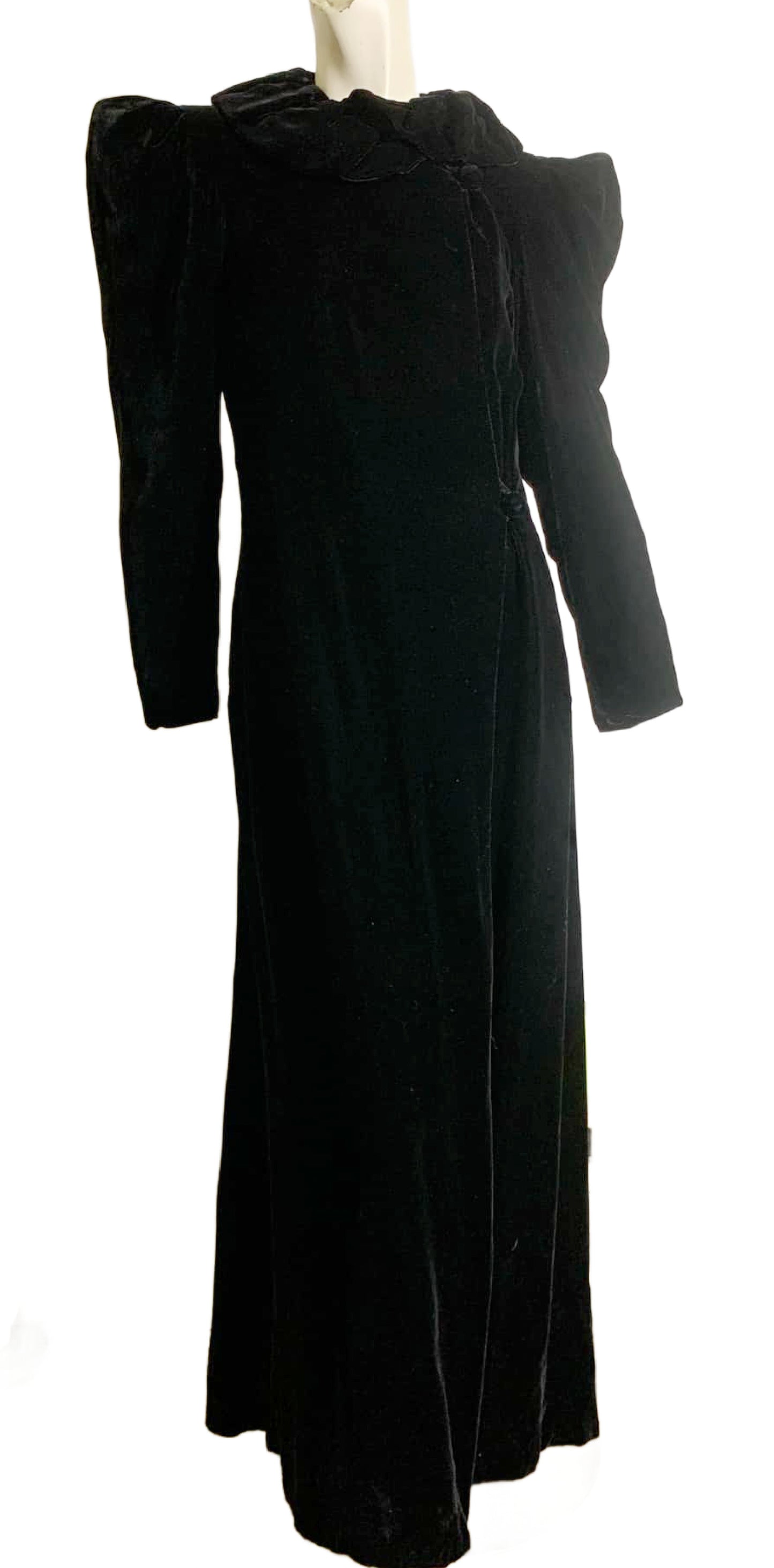 Ebony Velvet Princess Line Opera Coat with Ruffled Collar circa 1930s