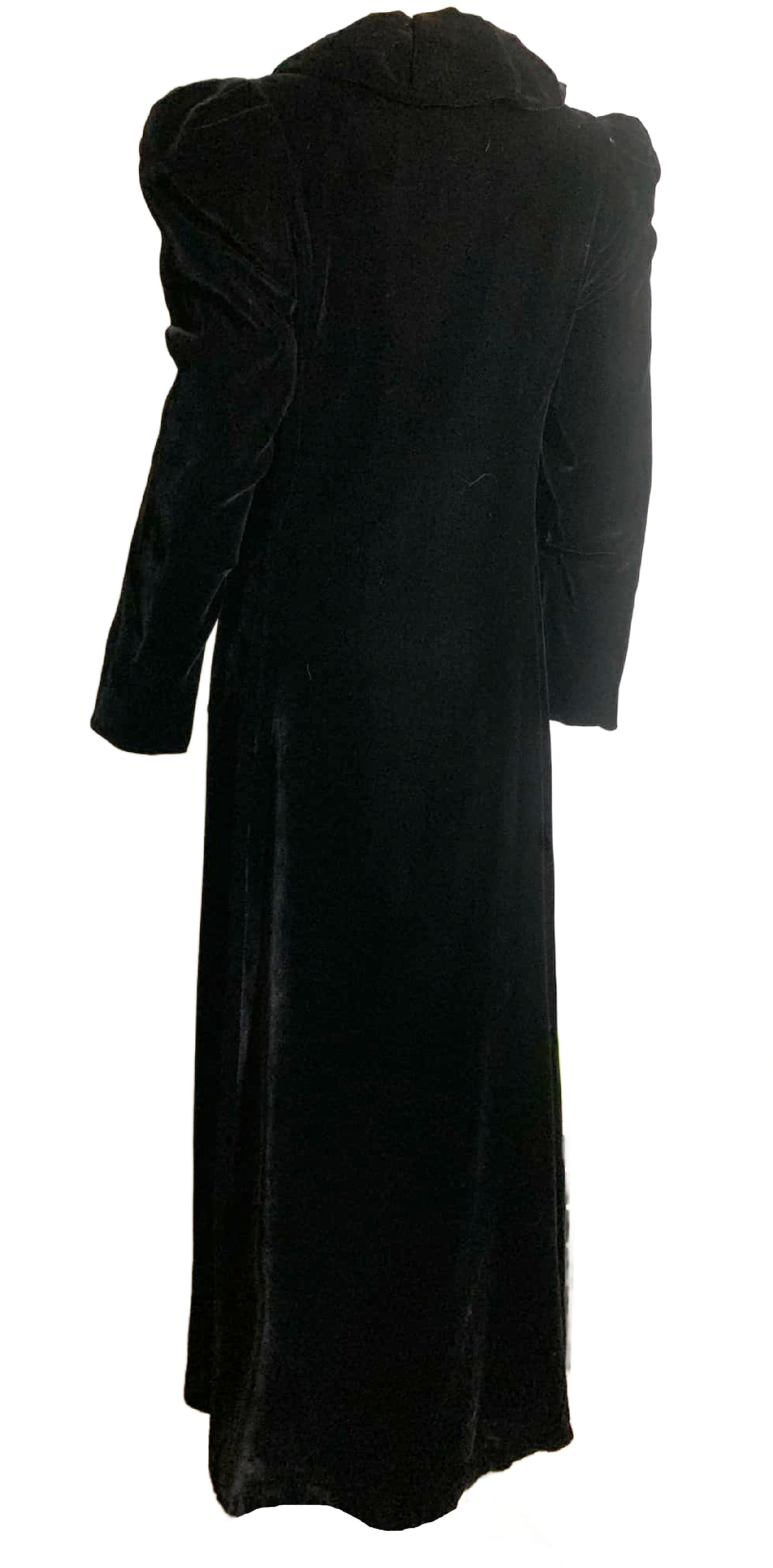 Ebony Velvet Princess Line Opera Coat with Ruffled Collar circa 1930s