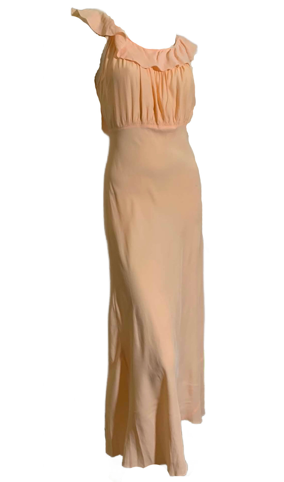 Rare Flirty Low Back Bias Cut Peach Nightgown with Ruffles circa 1930s