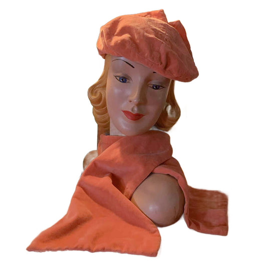 Salmon Pink Velvet Art Deco Hat with Peaks and Matching Scarf circa 1930s