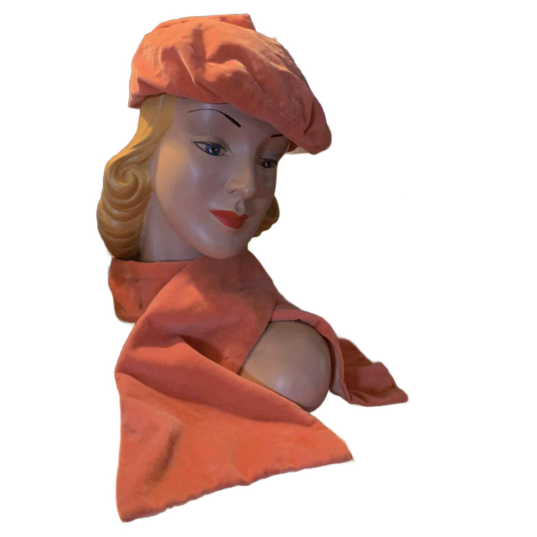Salmon Pink Velvet Art Deco Hat with Peaks and Matching Scarf circa 1930s
