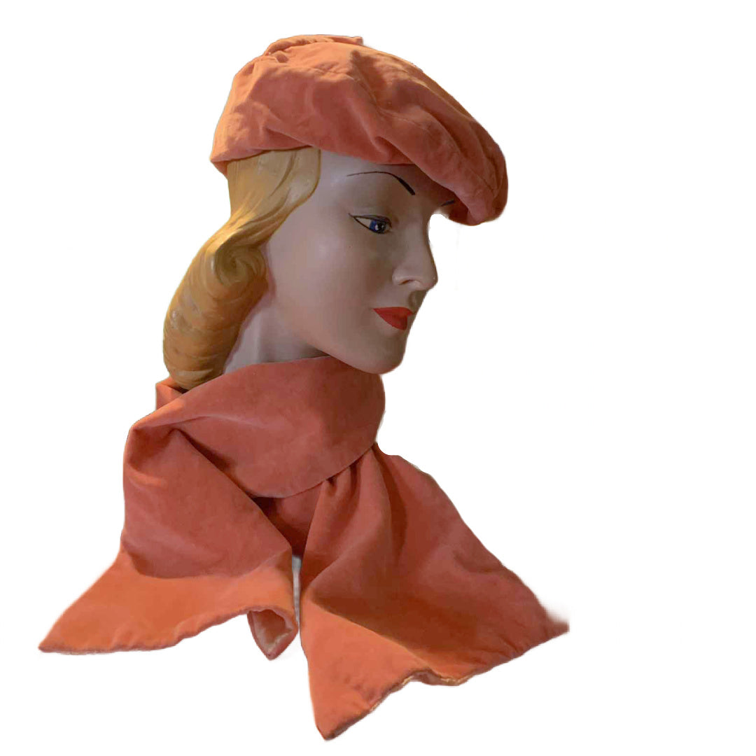 Salmon Pink Velvet Art Deco Hat with Peaks and Matching Scarf circa 1930s