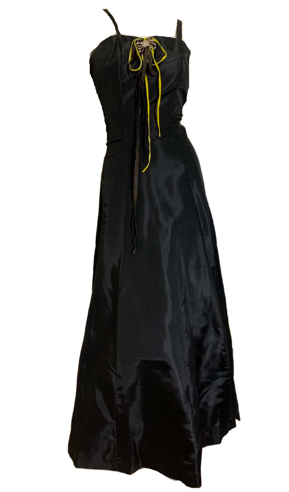 Panther Black Taffeta Evening Dress and Jacket Acid Green and Black Velvet Ribbons circa 1930s