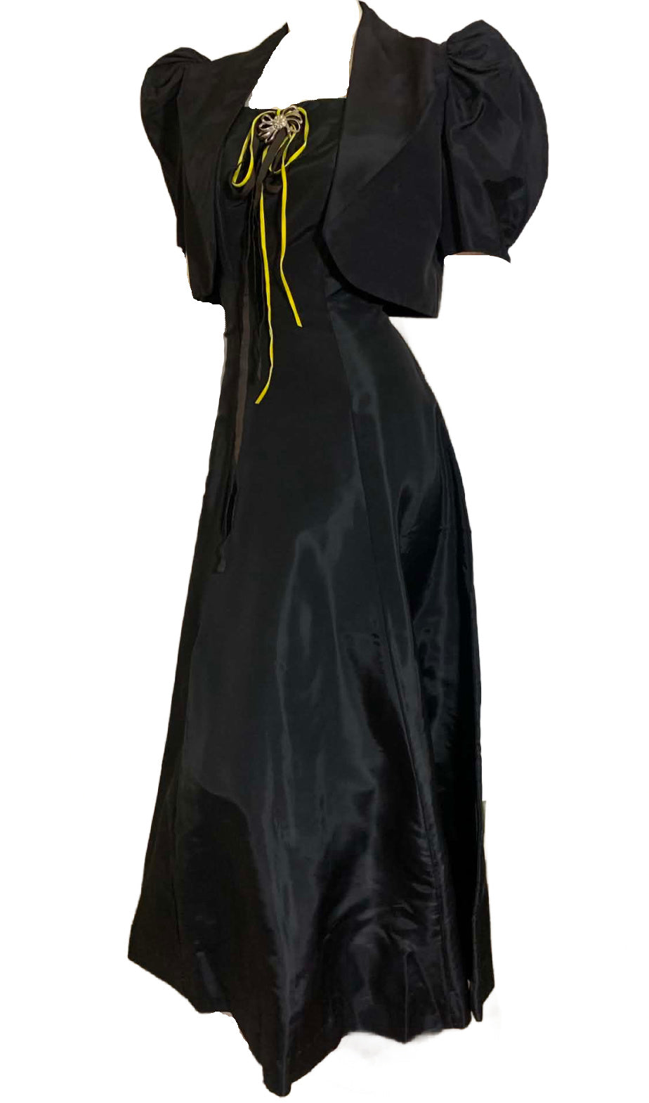 Panther Black Taffeta Evening Dress and Jacket Acid Green and Black Velvet Ribbons circa 1930s