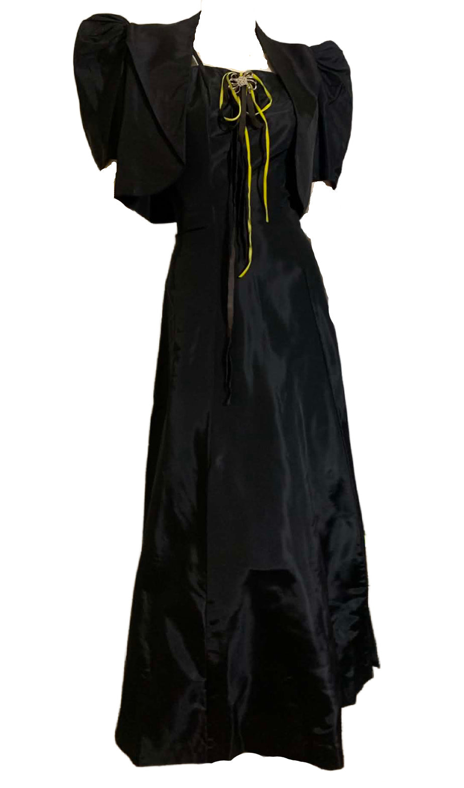 Panther Black Taffeta Evening Dress and Jacket Acid Green and Black Velvet Ribbons circa 1930s