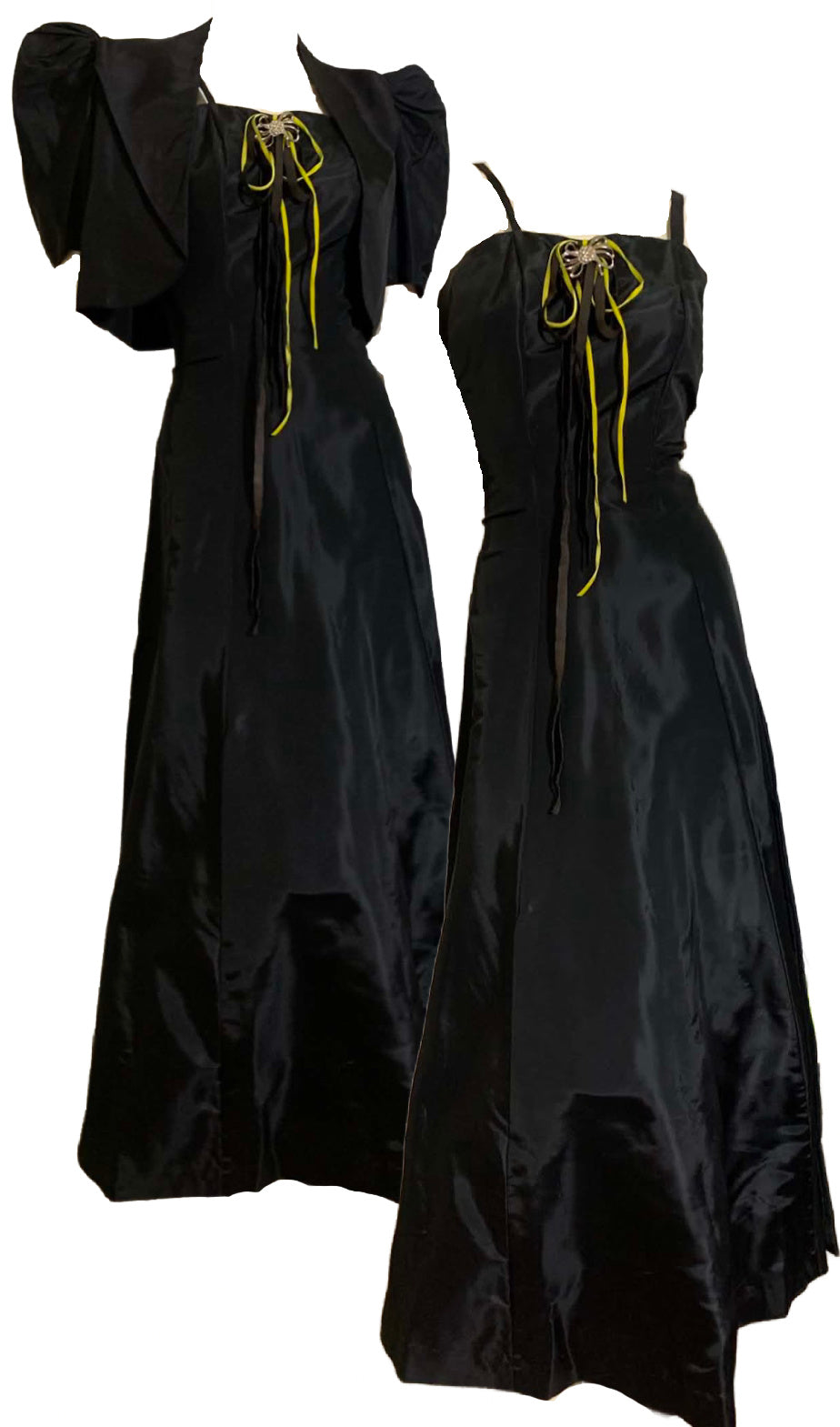 Panther Black Taffeta Evening Dress and Jacket Acid Green and Black Velvet Ribbons circa 1930s