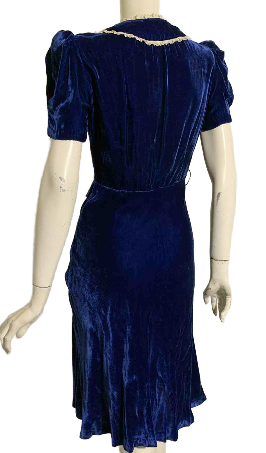 Sapphire Blue Silk Velvet Puff Sleeve Dress Glass Button & Lace Accents circa 1930s XS