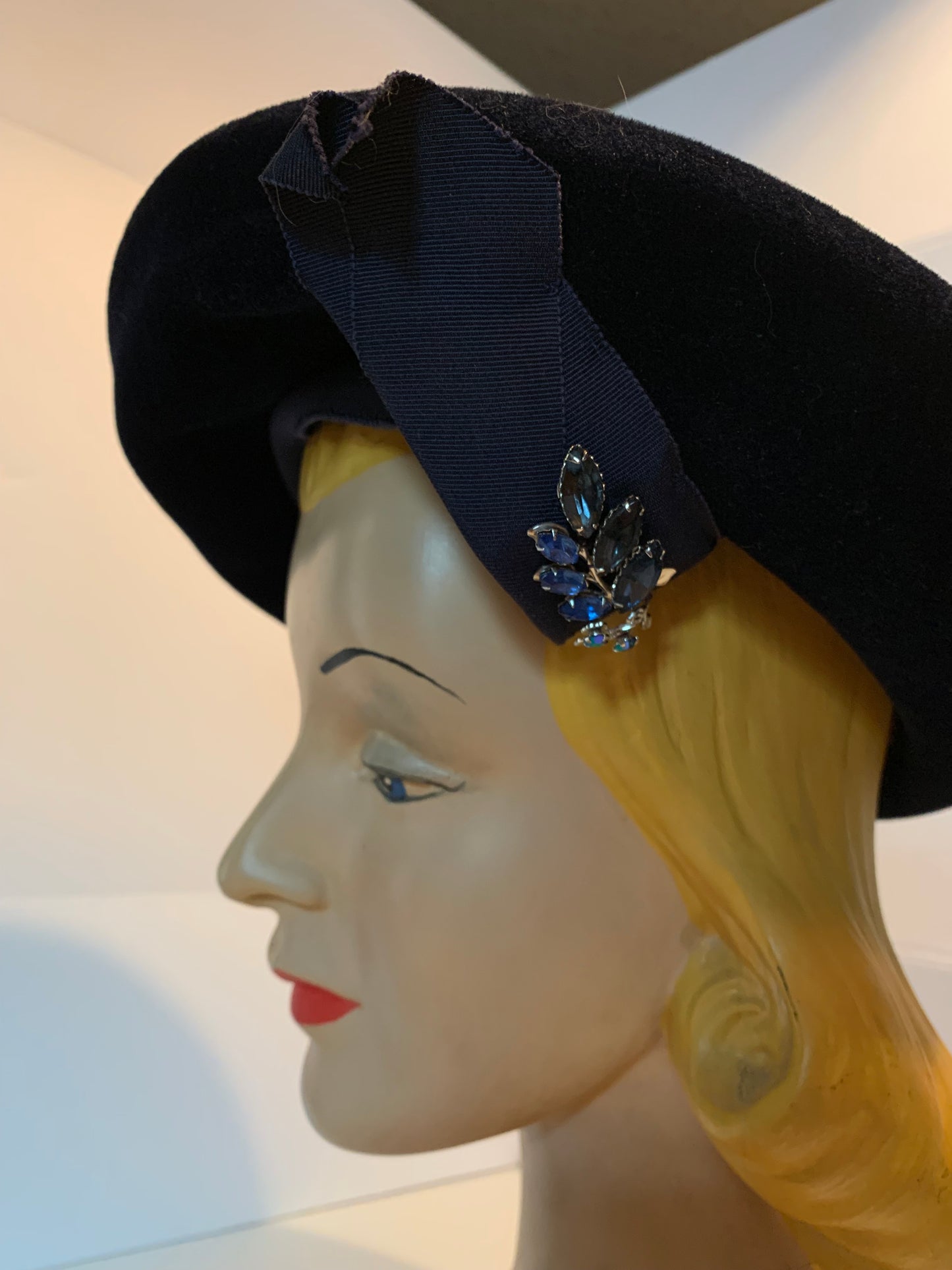 Midnight Blue Felted Wool Asymmetrical Hat with Rhinestones circa 1950s