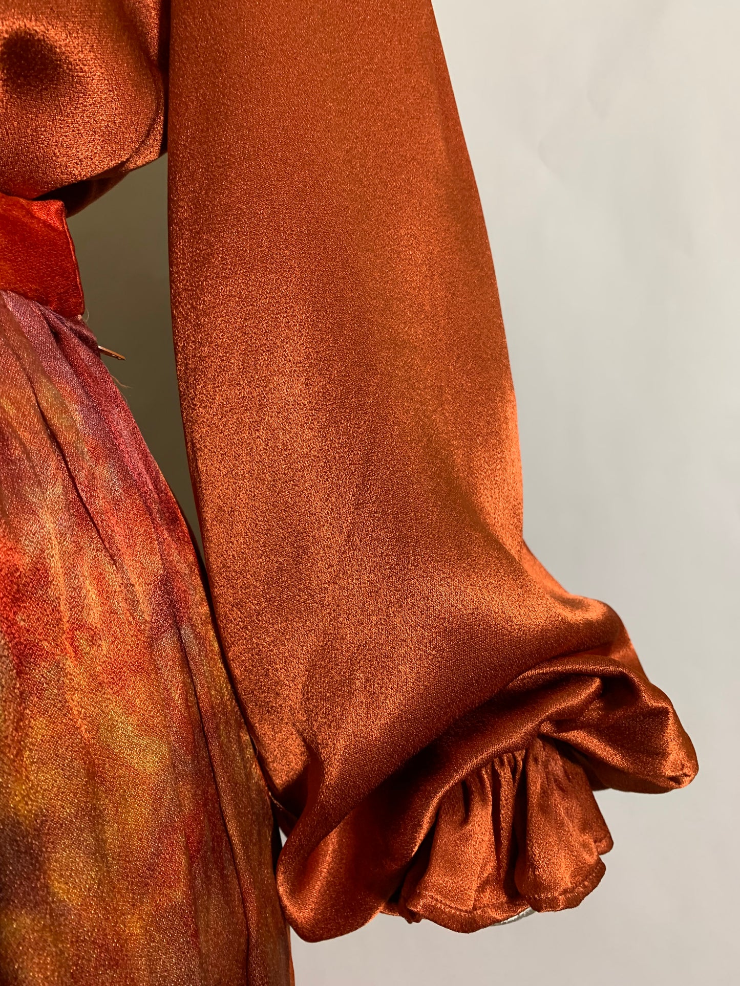 Fiery Tie Dye Peasant Style Silk Charmeuse 3 Piece Maxi Dress Set circa 1970s