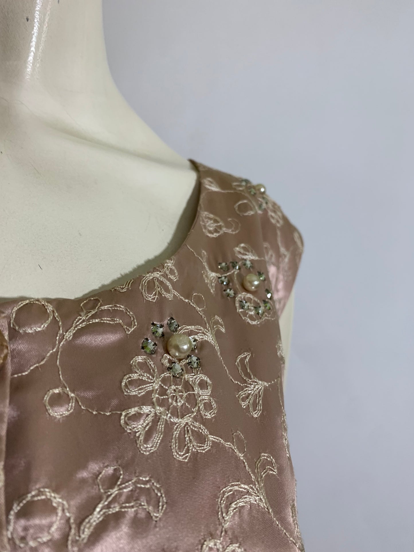 Antique Pale Pink Satin Embroidered Party Dress with Rhinestones circa 1950s