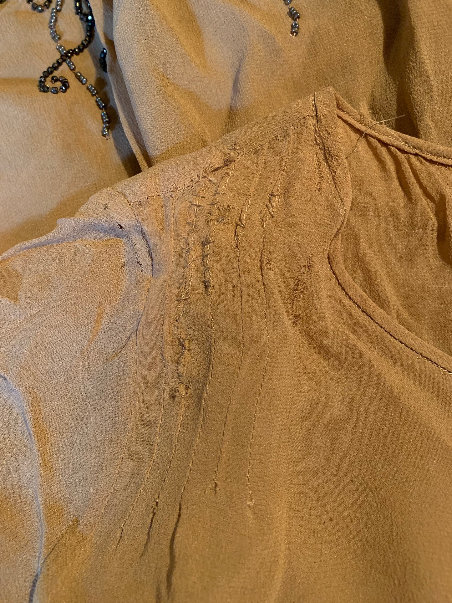 Cinnamon Silk Blouson Dropped Waist Beaded Dress circa 1920s