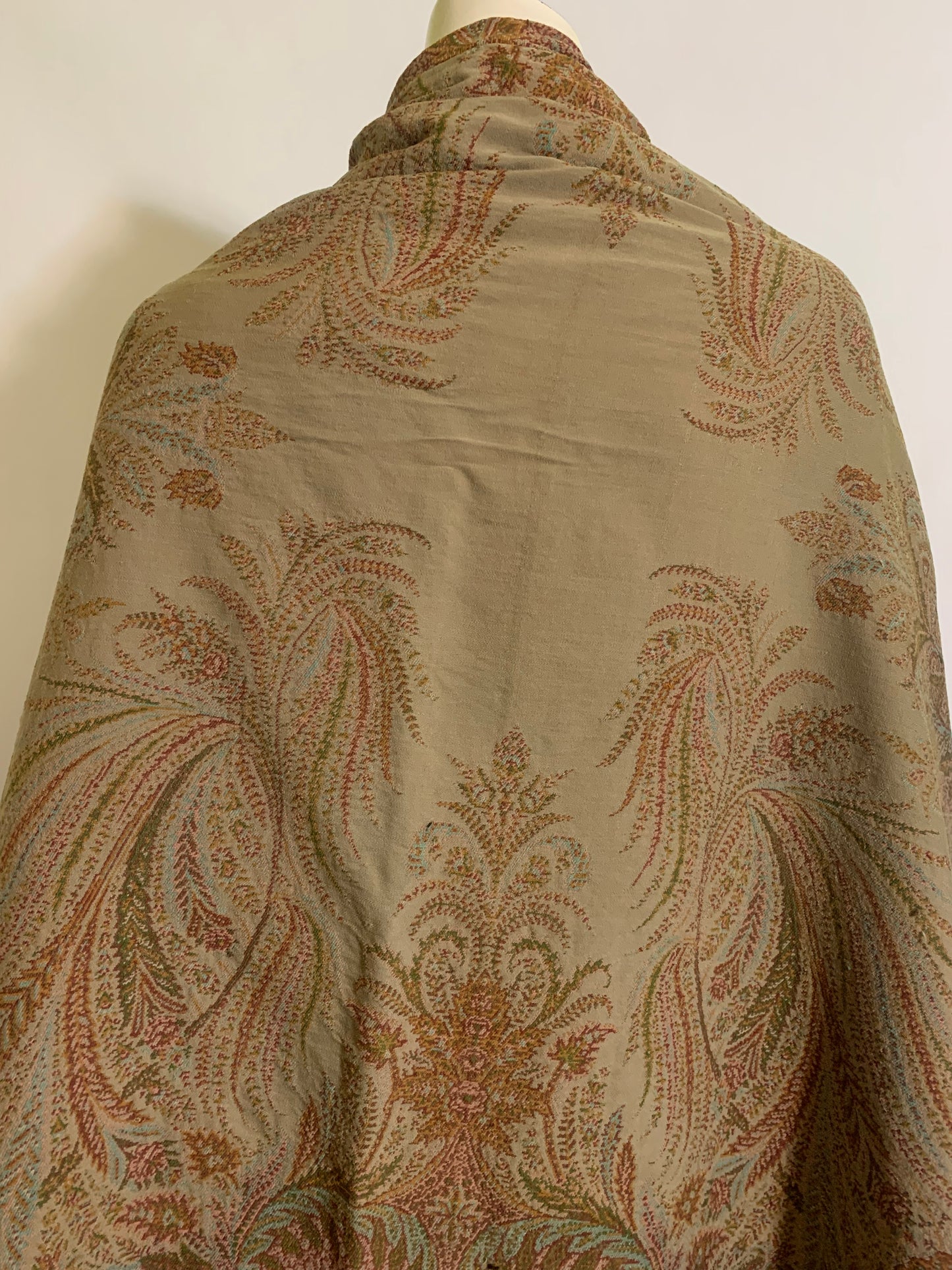 Turn of the Century Sage Green and Terra Cotta Paisley Brocade Wool Shawl circa 1900