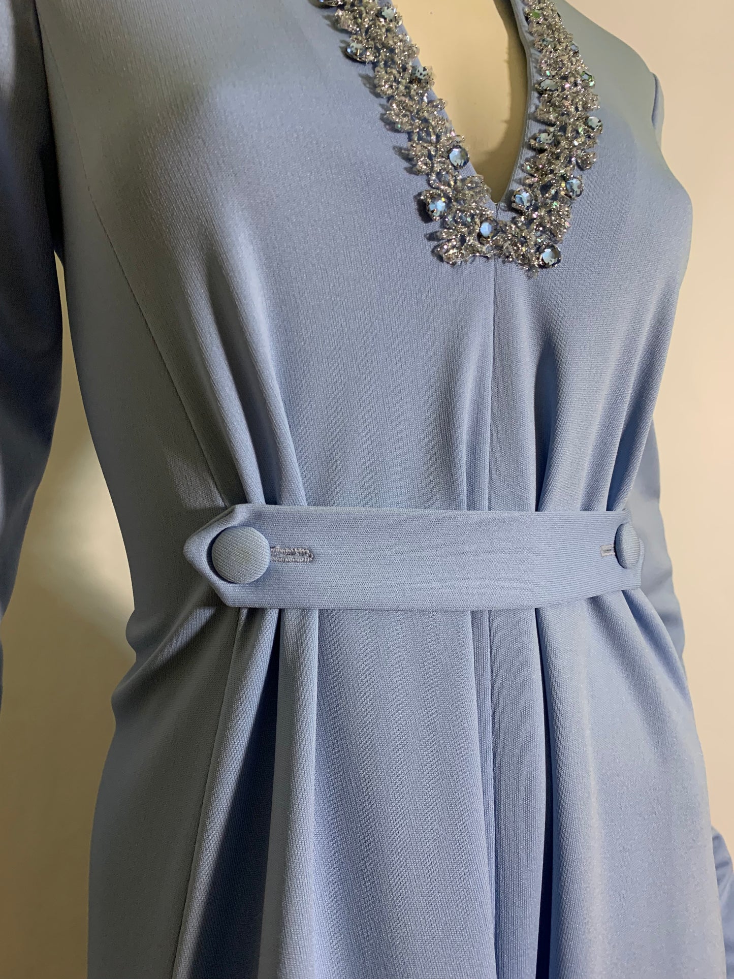 Ocean Blue Knit Poly Maxi Dress Rhinestone Neckline circa 1970s