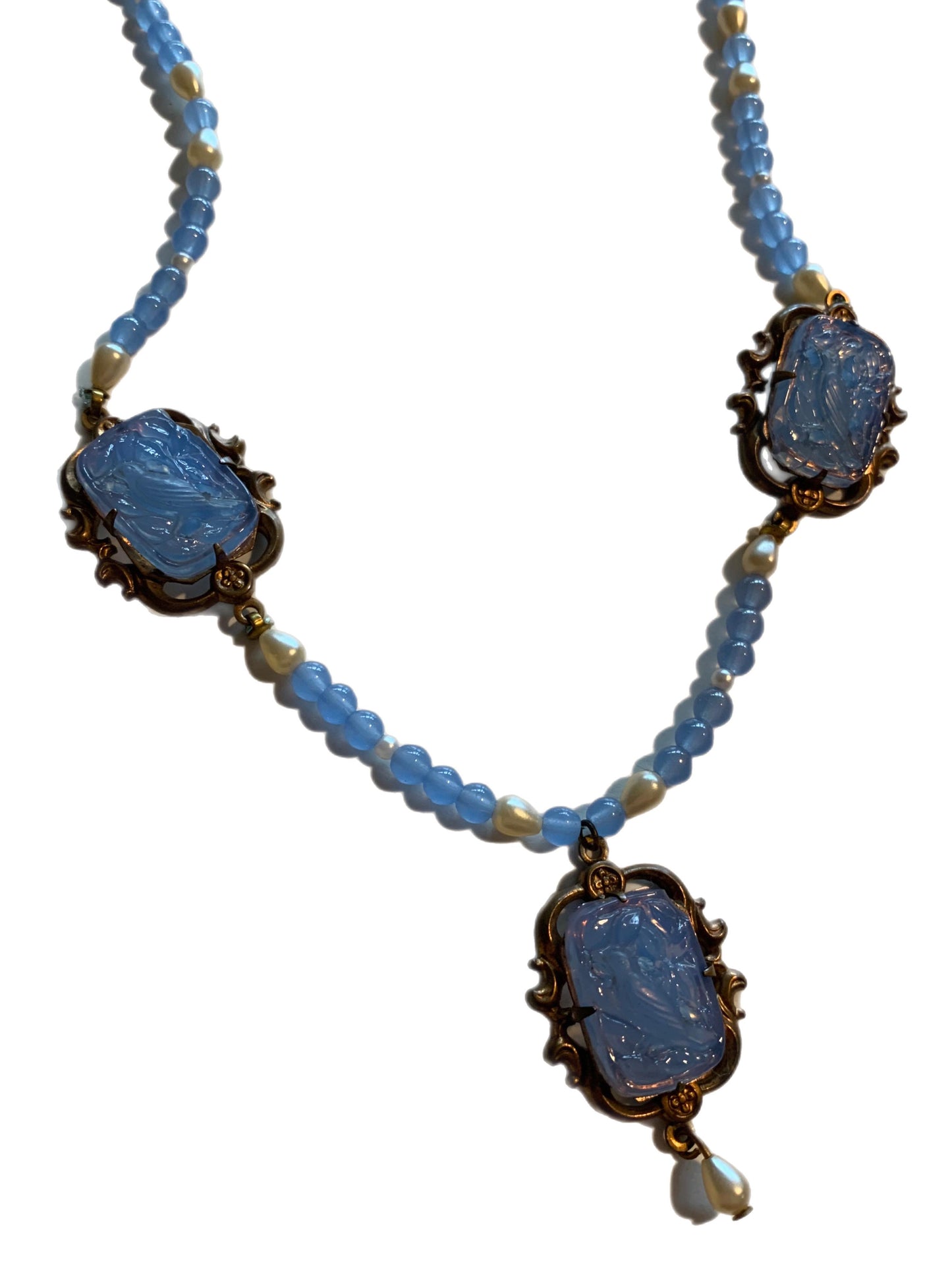 Nouveau Blue Bird Moulded Glass and Seed Pearl Necklace circa 1920s
