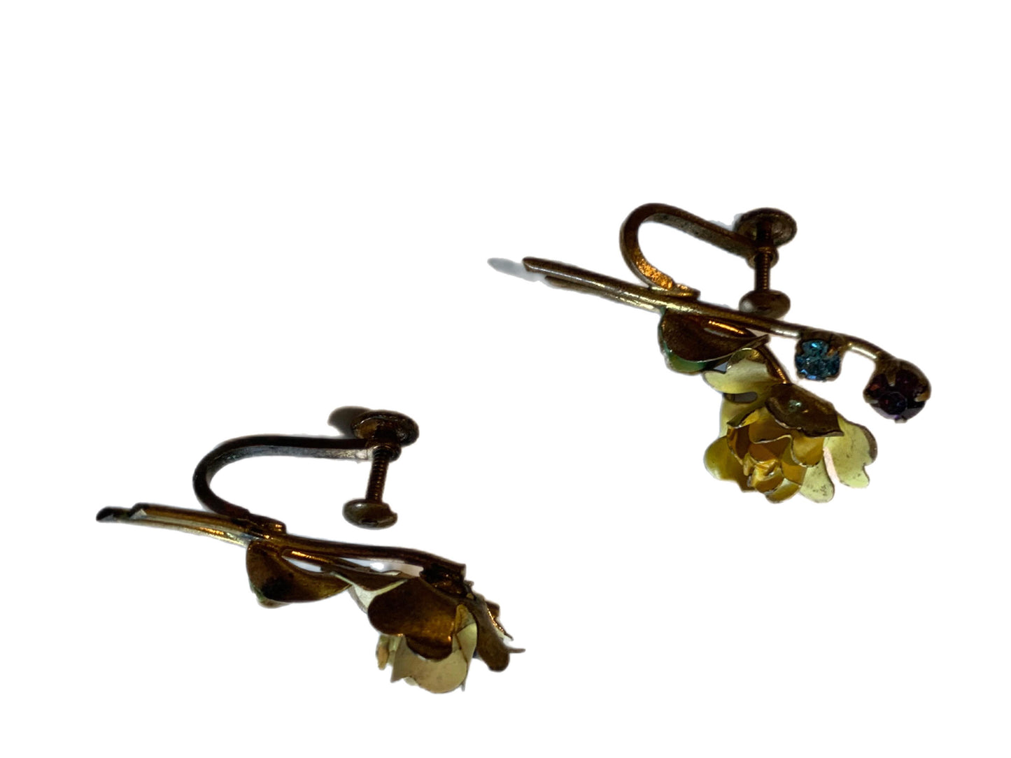 Yellow Rose and Purple & Blue Rhinestone Screw Back Metal Clip Earrings circa 1940s