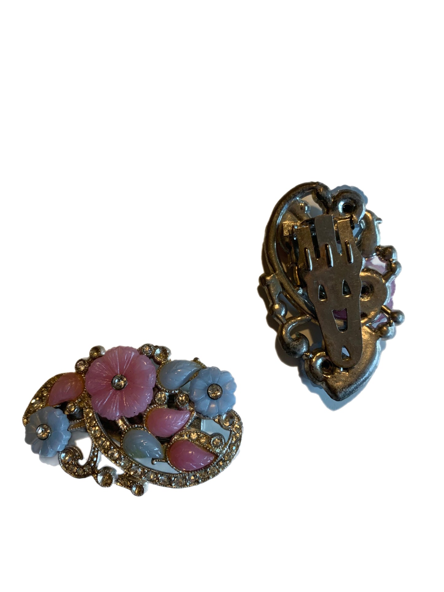 Pastel Floral Glass and Rhinestones Set of Fur Clips circa 1930s