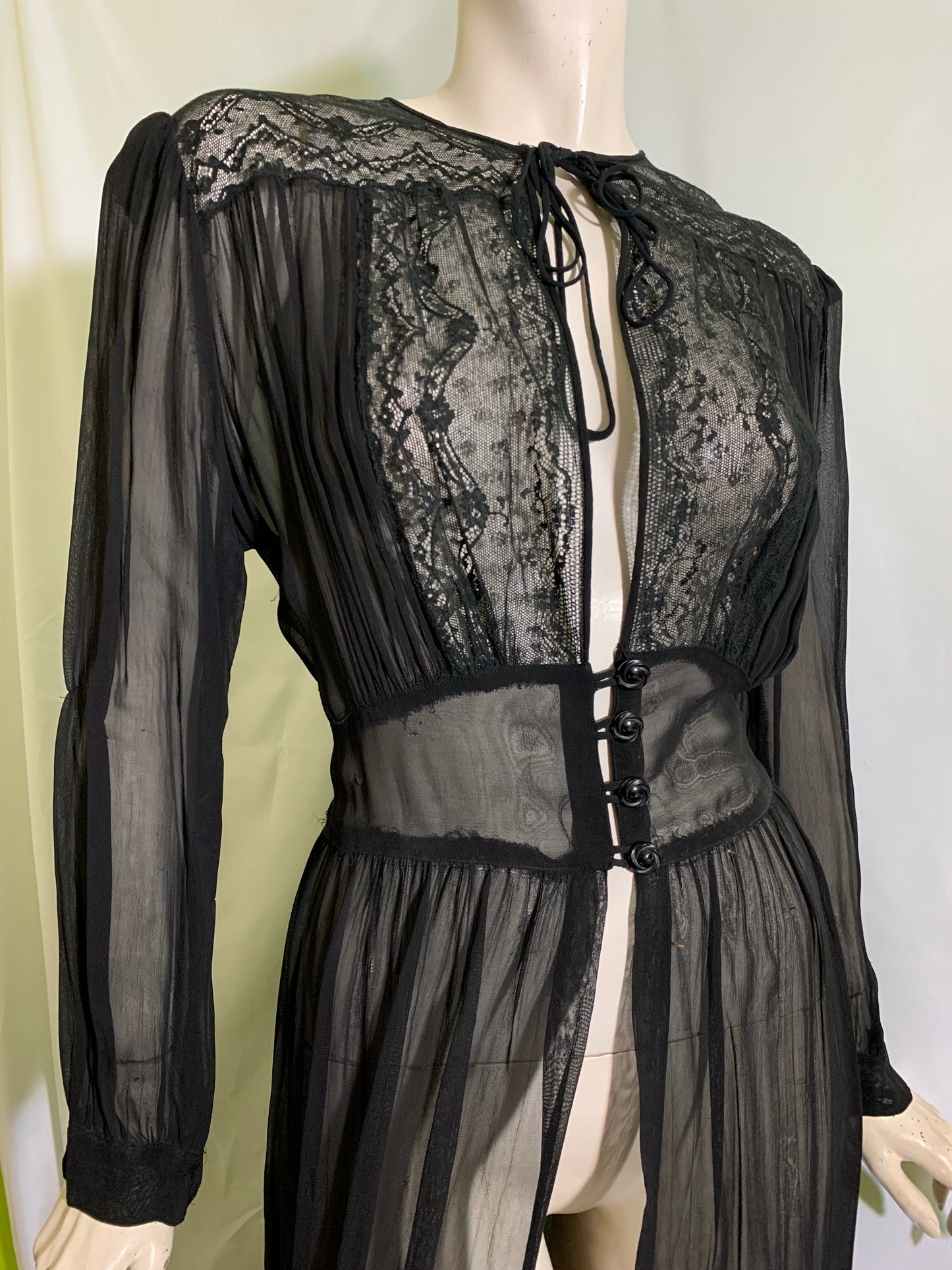 Sultry Sheer Black Lace Trimmed Boudoir Robe circa 1940s