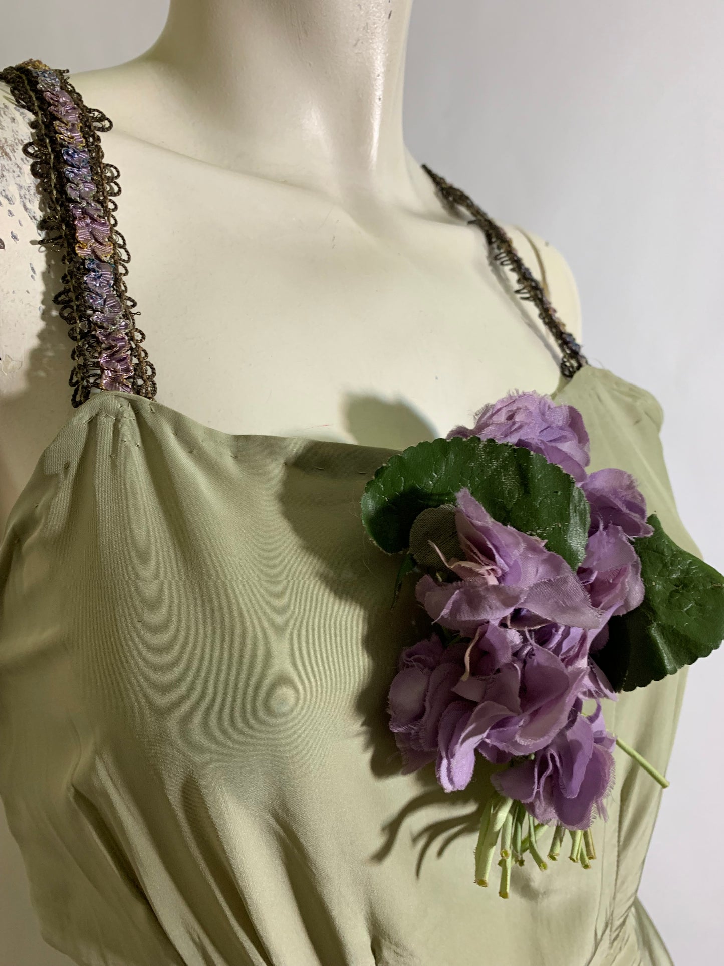 Bruise Violet Reimagined 1930s Sage Silk Dress with Violet Metallic Ribbon Straps and Flower Accent
