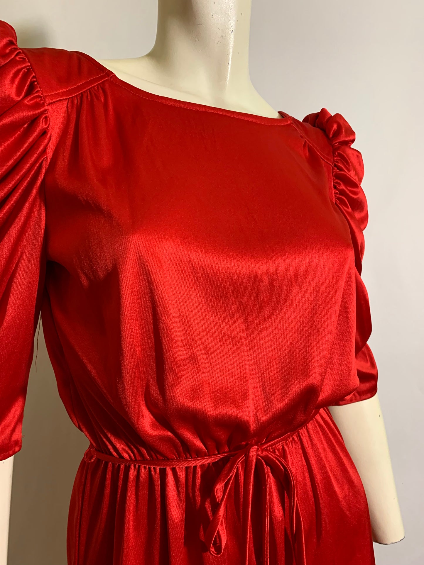 Candy Apple Red Nylon Disco Dress with Ruched Sleeves & Low Back circa 1980s