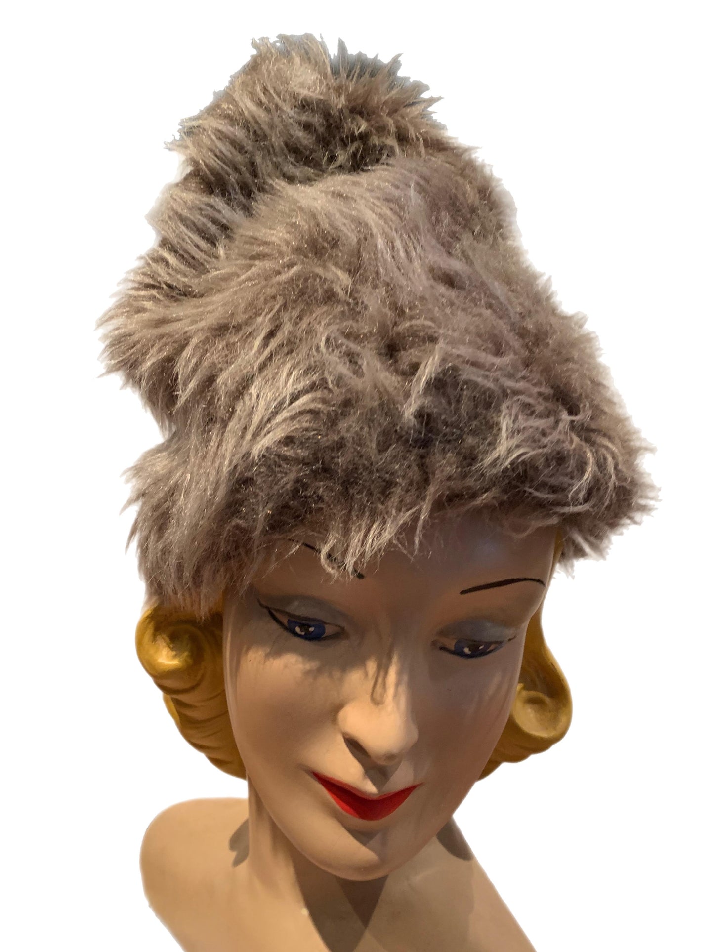 Whimsical Tall Peaked Tan Shaggy Faux Fur Hat circa 1960s