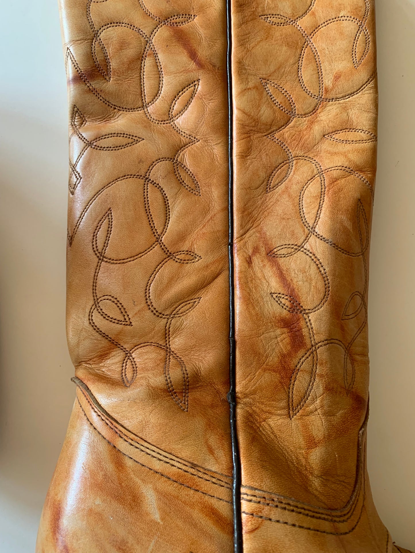 Cognac and Curry Rubbed Leather Western Boots circa 1970s