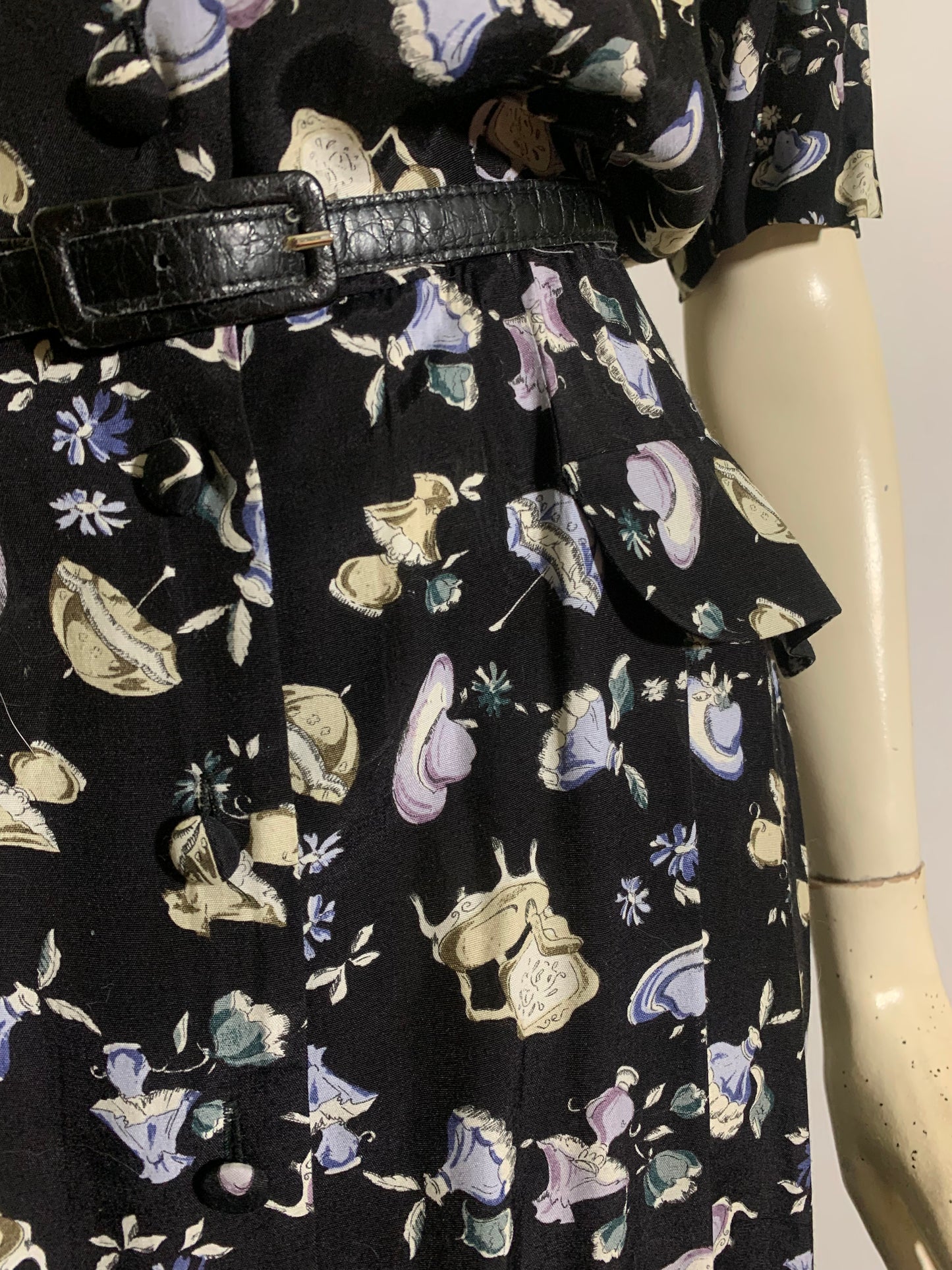 Victorian Lifestyle Novelty Print Rayon 40s Style Dress circa 1980s