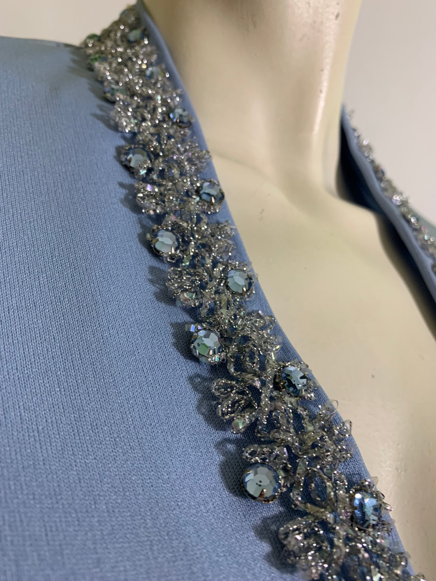 Ocean Blue Knit Poly Maxi Dress Rhinestone Neckline circa 1970s