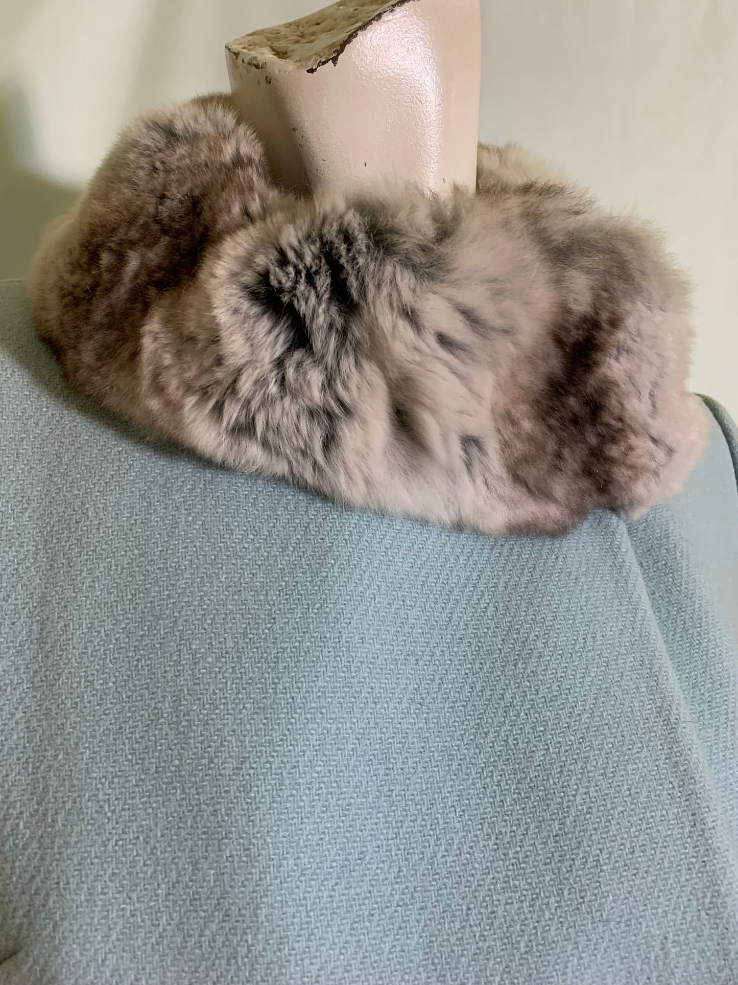 Robin's Egg Blue Wool Boxy Cut Jacket Chinchilla Fur Collar and Cuffs circa 1960s