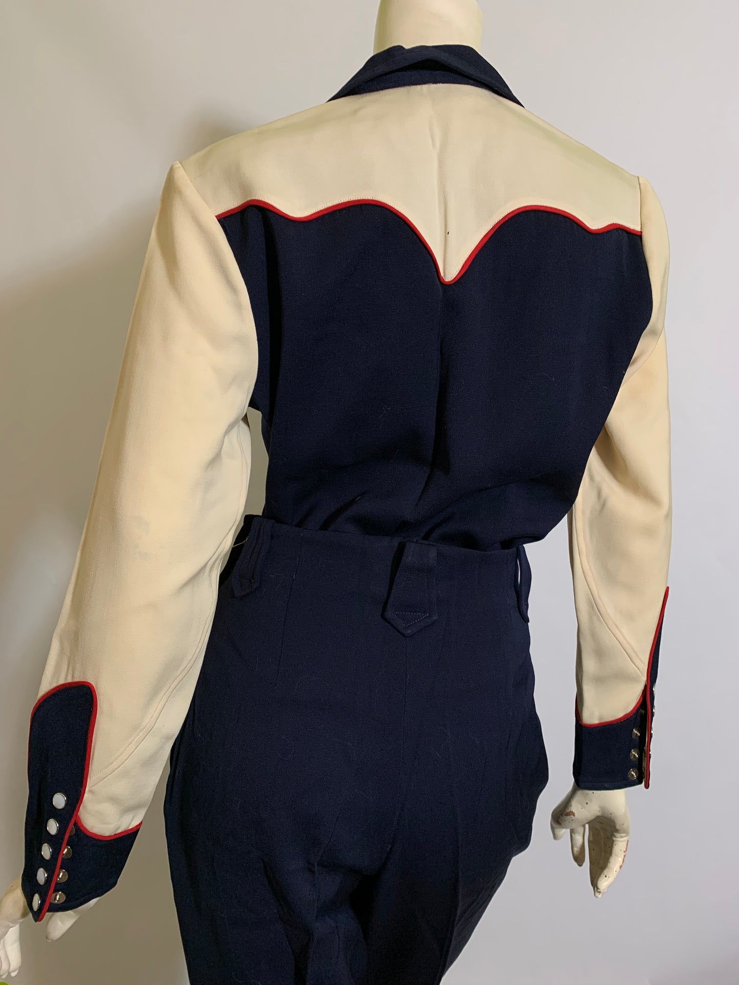 Iconic Deep Blue Gabardine Western 2 Pc Set with Red and Off White Accents circa 1940s