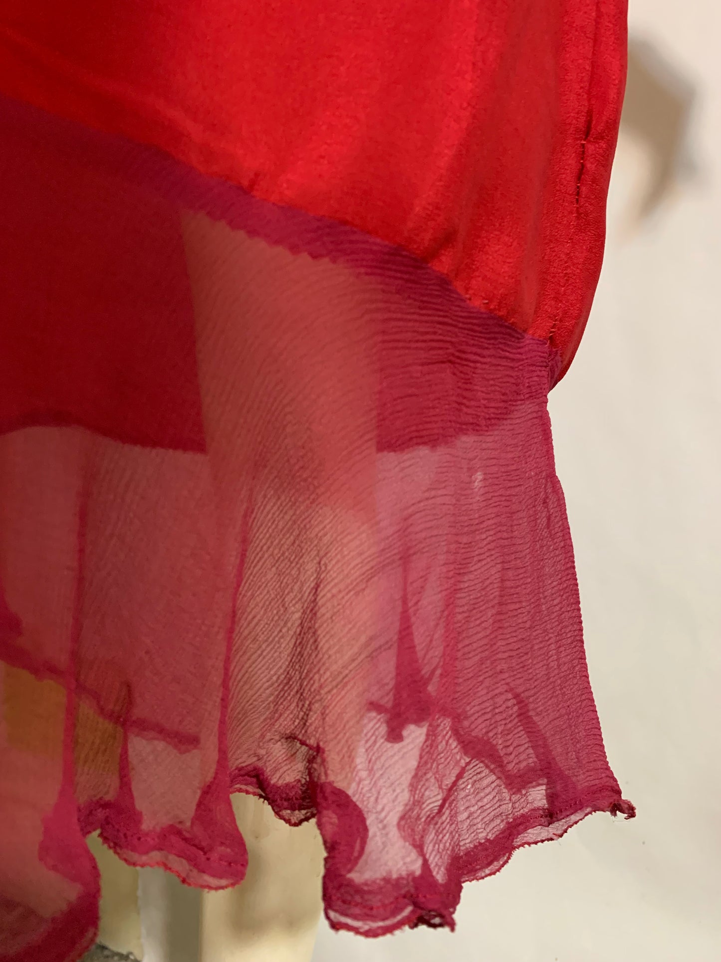 Rose Red Silk Slip Dress with Chiffon Neckline and Hem circa 1920s